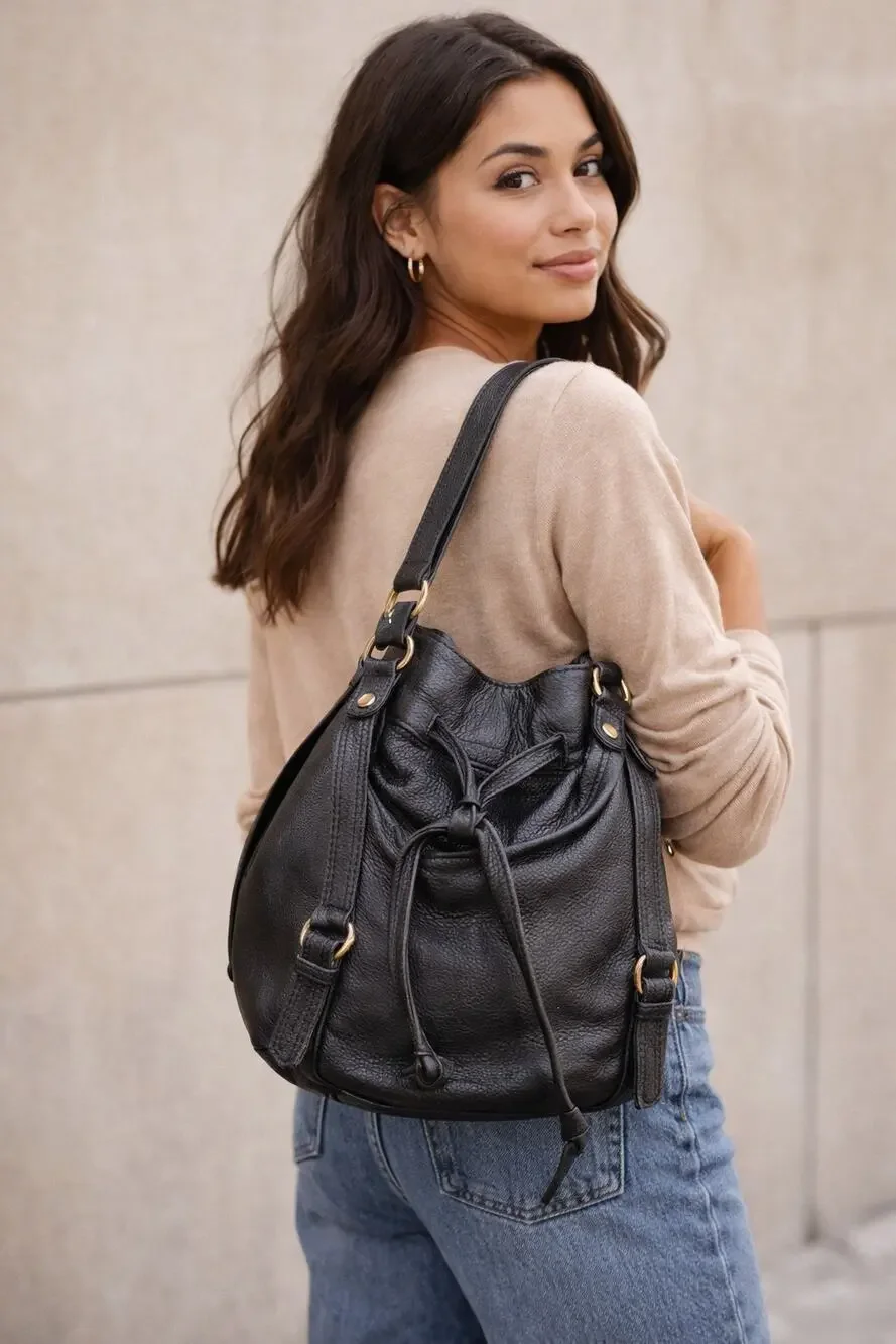 The Sak Kedzie Brown Pebbled Leather Bucket Hobo Bag Gold Hardware